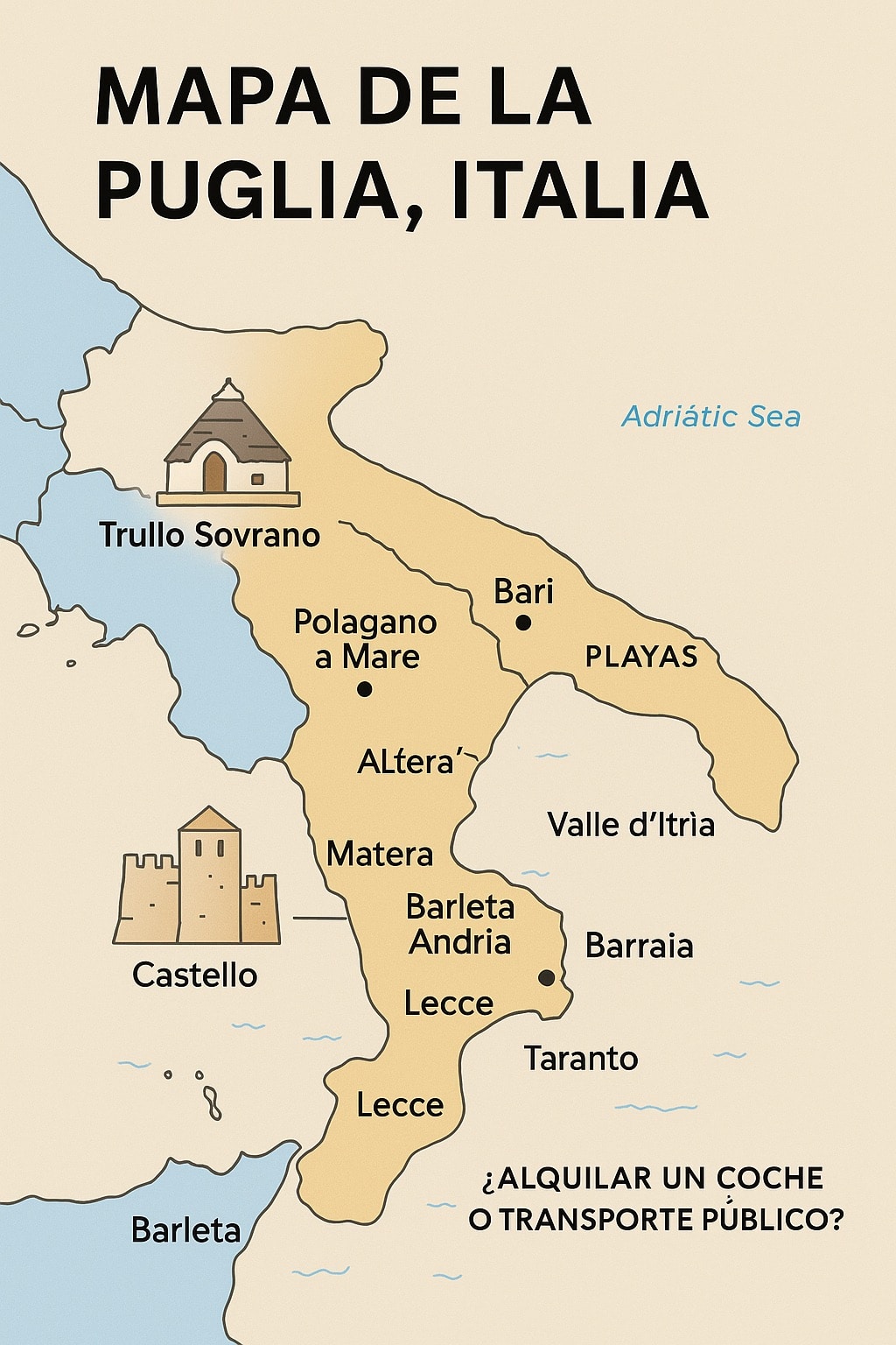 Mapa de ciudades principales en La Puglia