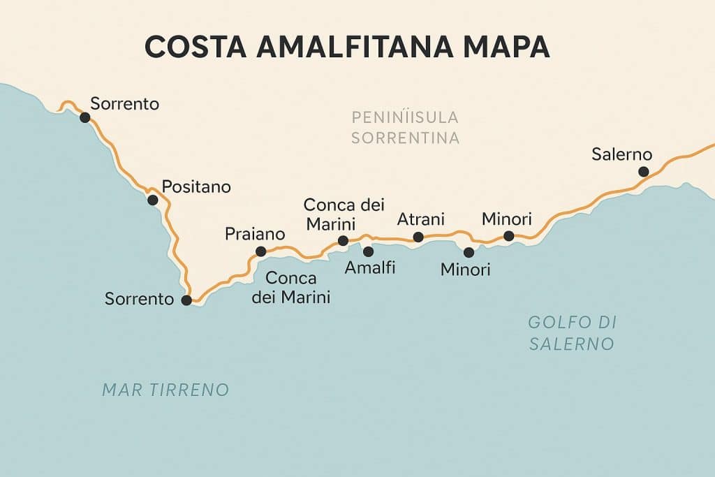 Mapa de la costa amalfitana